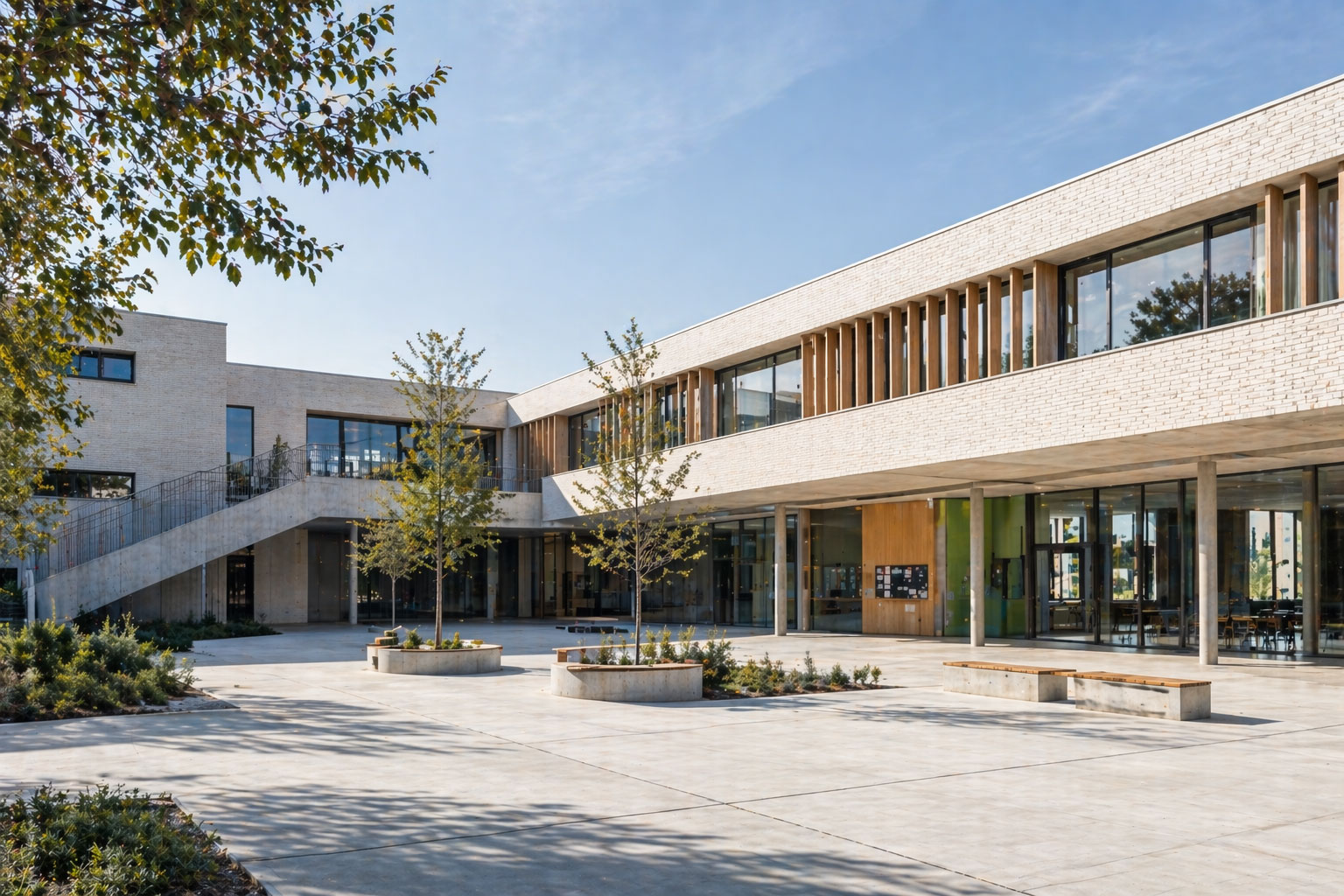 Centro educativo moderno en Madrid con arquitectura contemporánea, patio interior y diseño eficiente