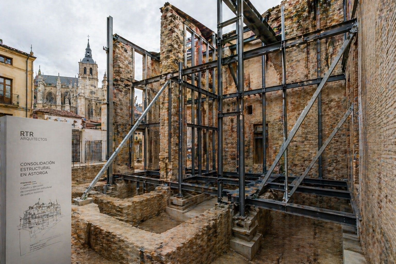 Consolidación estructural de edificio histórico en Astorga con refuerzo metálico en rehabilitación arquitectónica