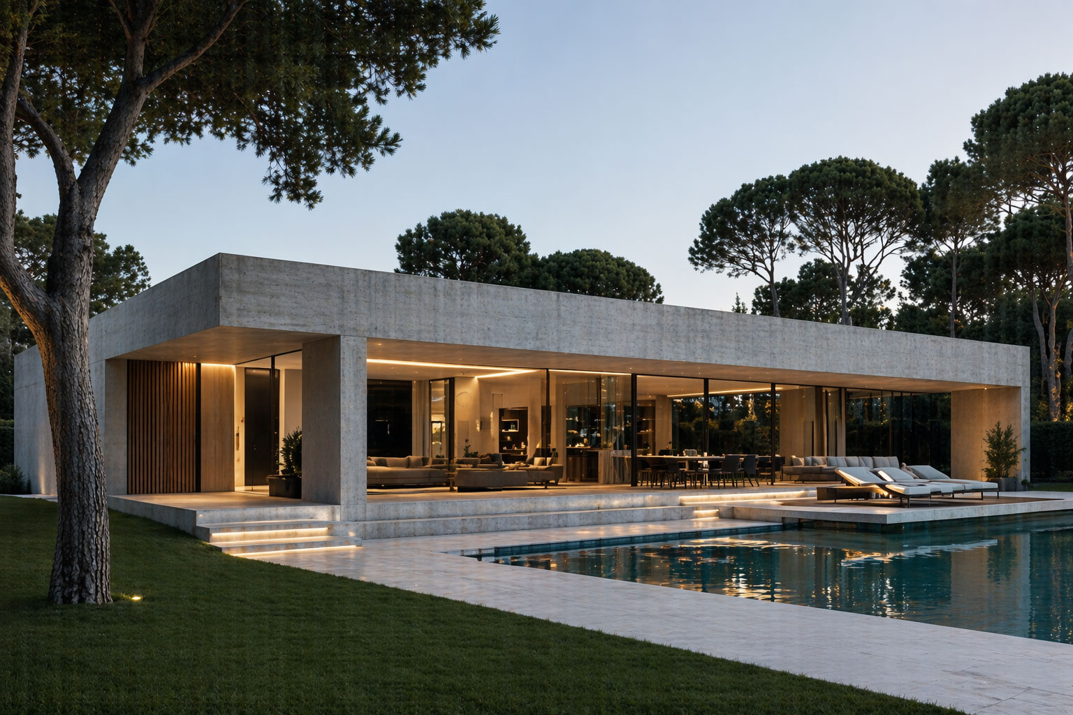 Vivienda unifamiliar moderna en La Moraleja con diseño minimalista, hormigón visto y grandes ventanales